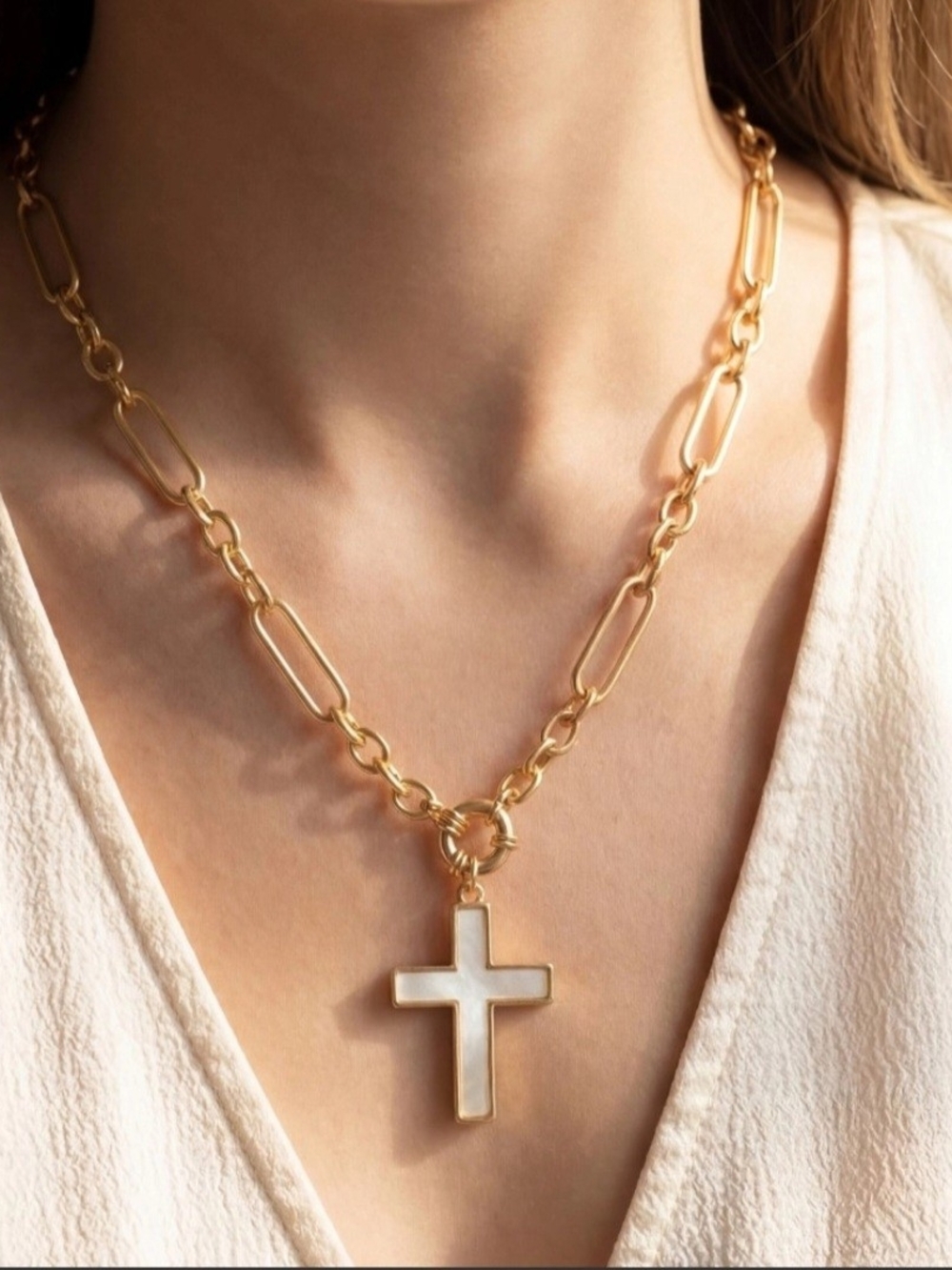 Gold Chain Necklace with White Cross Pendant - Classic Everyday Necklace